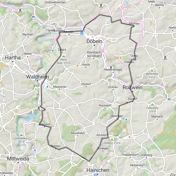 Karten-Miniaturansicht der Radinspiration "Rundtour durch Roßwein und Kreuzfelsen" in Chemnitz, Germany. Erstellt vom Tarmacs.app-Routenplaner für Radtouren