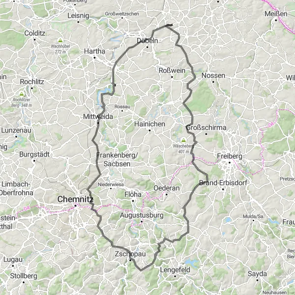 Karten-Miniaturansicht der Radinspiration "Mochau - Eppendorf mit zahlreichen Highlights" in Chemnitz, Germany. Erstellt vom Tarmacs.app-Routenplaner für Radtouren