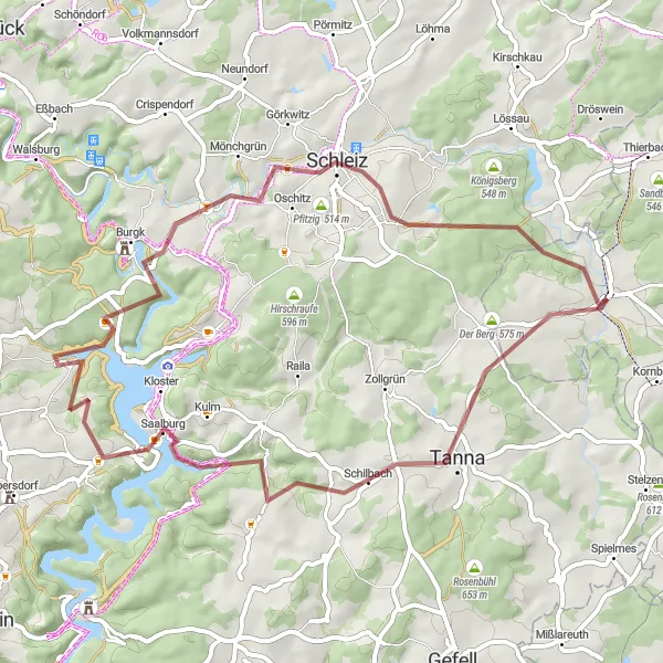 Map miniature of "Mühltroff Gravel Escape" cycling inspiration in Chemnitz, Germany. Generated by Tarmacs.app cycling route planner