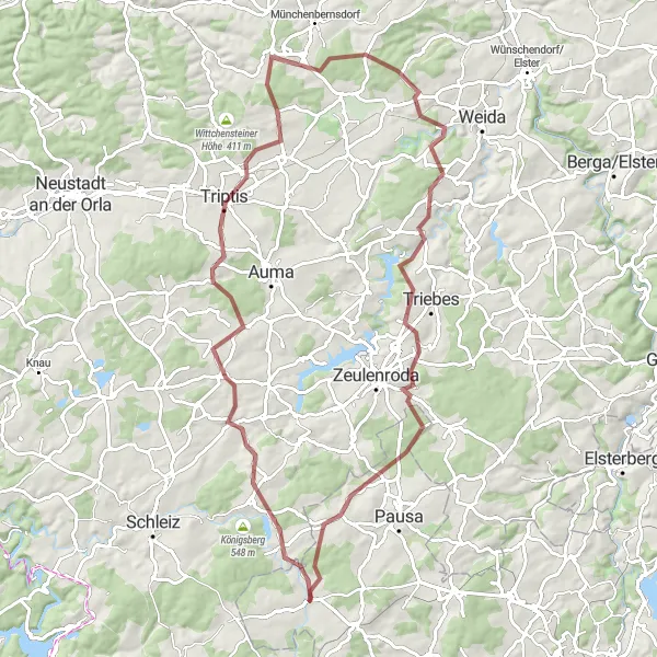 Map miniature of "Mühltroff Gravel Adventure" cycling inspiration in Chemnitz, Germany. Generated by Tarmacs.app cycling route planner