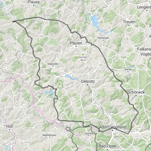 Karten-Miniaturansicht der Radinspiration "Vogtländische Rundfahrt durch Adorf und Kienberg" in Chemnitz, Germany. Erstellt vom Tarmacs.app-Routenplaner für Radtouren