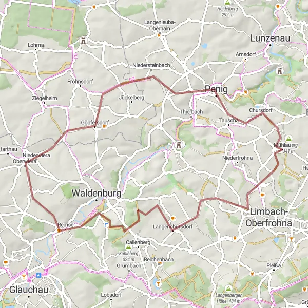 Map miniature of "Langenchursdorf and Remse Loop" cycling inspiration in Chemnitz, Germany. Generated by Tarmacs.app cycling route planner