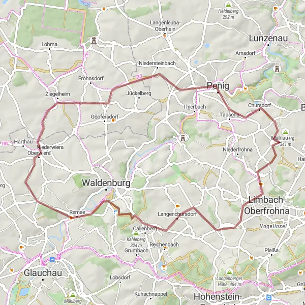 Map miniature of "Chemnitz - Limbach-Oberfrohna - Heimatblick - Remse - Klosterberg - Oberwiera - Kellerberg - Penig - Windberg" cycling inspiration in Chemnitz, Germany. Generated by Tarmacs.app cycling route planner