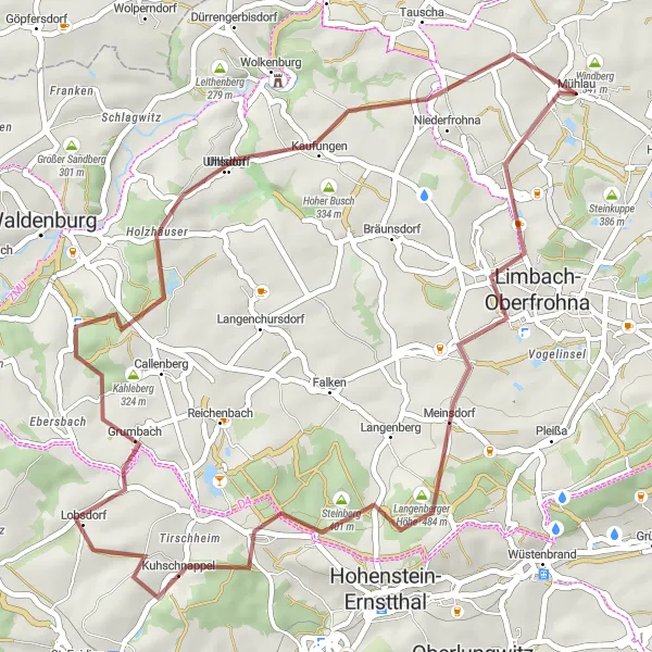 Map miniature of "Chemnitz - Limbach-Oberfrohna - Steinberg - Kuhschnappel - Kieferberg - Uhlsdorf - Hoher Busch" cycling inspiration in Chemnitz, Germany. Generated by Tarmacs.app cycling route planner