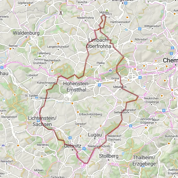 Map miniature of "Chemnitz - Hanneloren-Eiche - Kändler - Mittelbach - Kaßberg - Niederwürschnitz - Gemeindeberg - Hohndorf - Rüsdorf - Steinberg - Limbach-Oberfrohna - Windberg" cycling inspiration in Chemnitz, Germany. Generated by Tarmacs.app cycling route planner