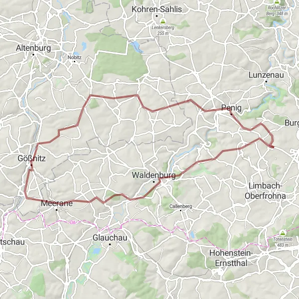 Map miniature of "Hoher Busch and Meerane Loop" cycling inspiration in Chemnitz, Germany. Generated by Tarmacs.app cycling route planner