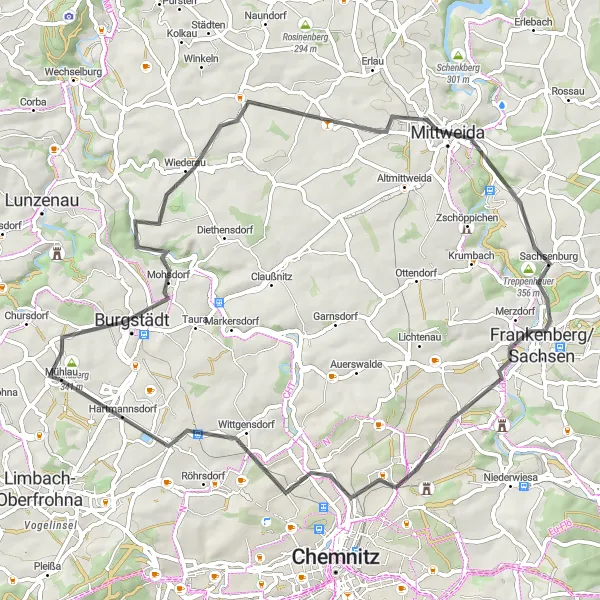 Map miniature of "Burgstädt and Frankenberg/Sachsen Circuit" cycling inspiration in Chemnitz, Germany. Generated by Tarmacs.app cycling route planner