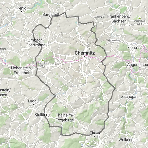 Karten-Miniaturansicht der Radinspiration "Herausforderung Burgstädt und Dittersdorfer Höhe" in Chemnitz, Germany. Erstellt vom Tarmacs.app-Routenplaner für Radtouren