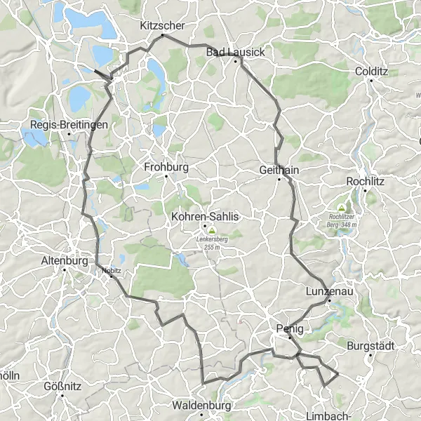 Map miniature of "Chemnitz - Großer Sandberg - Göpfersdorf - Windischleuba - Lerchenberg - Kitzscher - Narsdorf - Lunzenau - Weiße Spitze" cycling inspiration in Chemnitz, Germany. Generated by Tarmacs.app cycling route planner