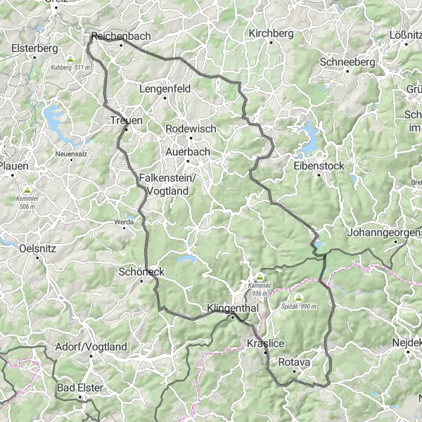 Map miniature of "Grand Tour of the Georgian Vogtland" cycling inspiration in Chemnitz, Germany. Generated by Tarmacs.app cycling route planner