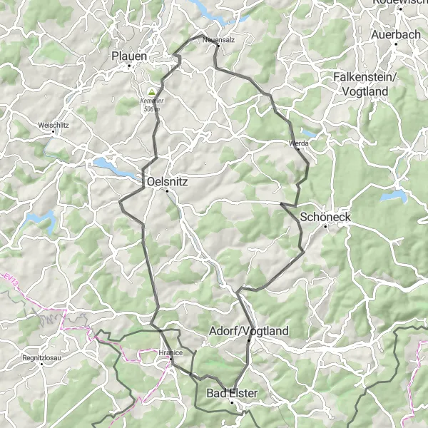 Karten-Miniaturansicht der Radinspiration "Chemnitz und Bad Elster Rundweg" in Chemnitz, Germany. Erstellt vom Tarmacs.app-Routenplaner für Radtouren