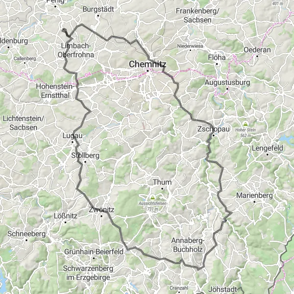 Karten-Miniaturansicht der Radinspiration "Road-Tour durch die Berge von Chemnitz" in Chemnitz, Germany. Erstellt vom Tarmacs.app-Routenplaner für Radtouren