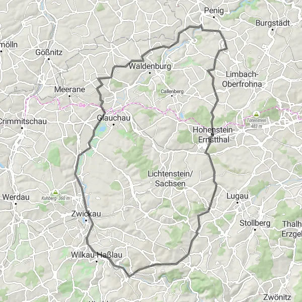 Map miniature of "The Wildenfels Loop" cycling inspiration in Chemnitz, Germany. Generated by Tarmacs.app cycling route planner