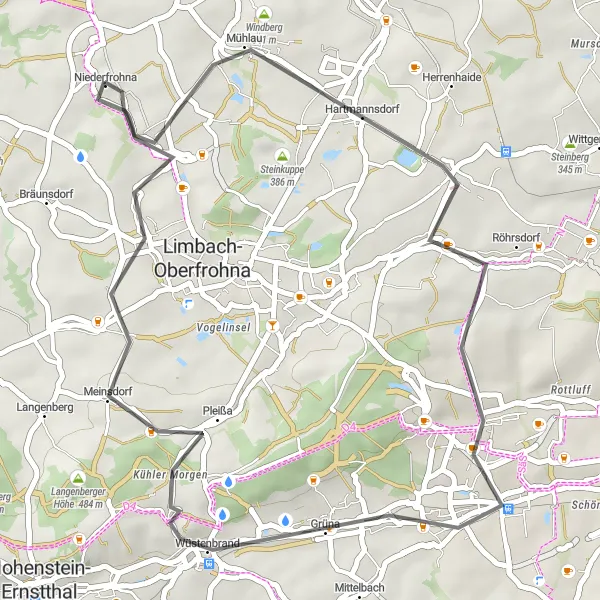 Karten-Miniaturansicht der Radinspiration "Panorama-Tour um Niederfrohna" in Chemnitz, Germany. Erstellt vom Tarmacs.app-Routenplaner für Radtouren