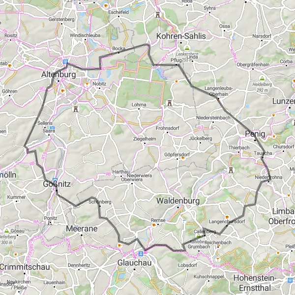 Map miniature of "Castles and Valleys" cycling inspiration in Chemnitz, Germany. Generated by Tarmacs.app cycling route planner