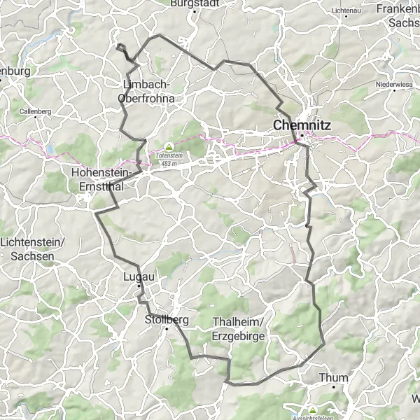 Map miniature of "Hills and Forests" cycling inspiration in Chemnitz, Germany. Generated by Tarmacs.app cycling route planner