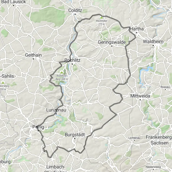 Map miniature of "From Niederfrohna to Mühlau" cycling inspiration in Chemnitz, Germany. Generated by Tarmacs.app cycling route planner