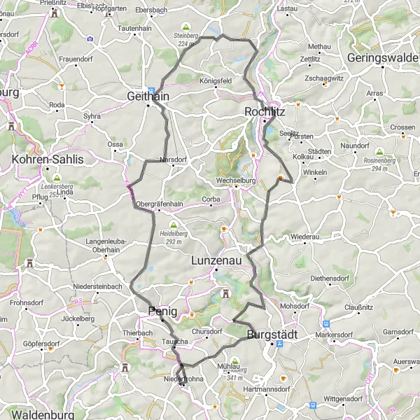Map miniature of "Exploring the Region: Niederfrohna to Niederfrohna" cycling inspiration in Chemnitz, Germany. Generated by Tarmacs.app cycling route planner
