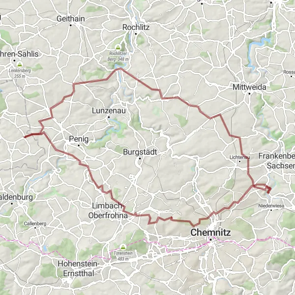 Map miniature of "Gravel Adventure in the Chemnitz Countryside" cycling inspiration in Chemnitz, Germany. Generated by Tarmacs.app cycling route planner