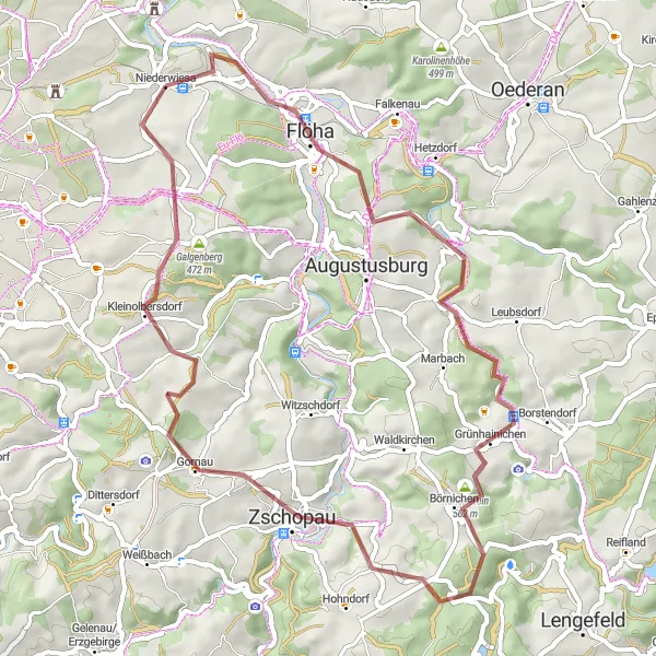 Map miniature of "Grünhainichen Loop" cycling inspiration in Chemnitz, Germany. Generated by Tarmacs.app cycling route planner