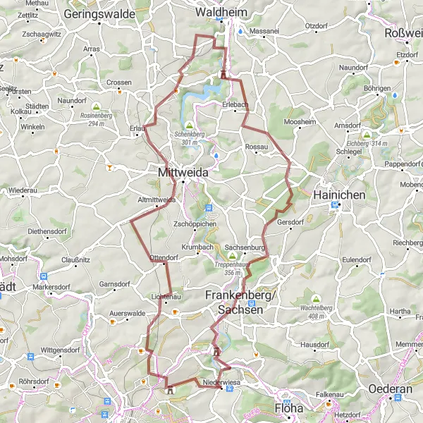 Karten-Miniaturansicht der Radinspiration "Mittweida und Kriebstein entdecken" in Chemnitz, Germany. Erstellt vom Tarmacs.app-Routenplaner für Radtouren