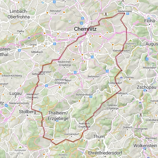 Karten-Miniaturansicht der Radinspiration "Rundtour um Chemnitz" in Chemnitz, Germany. Erstellt vom Tarmacs.app-Routenplaner für Radtouren