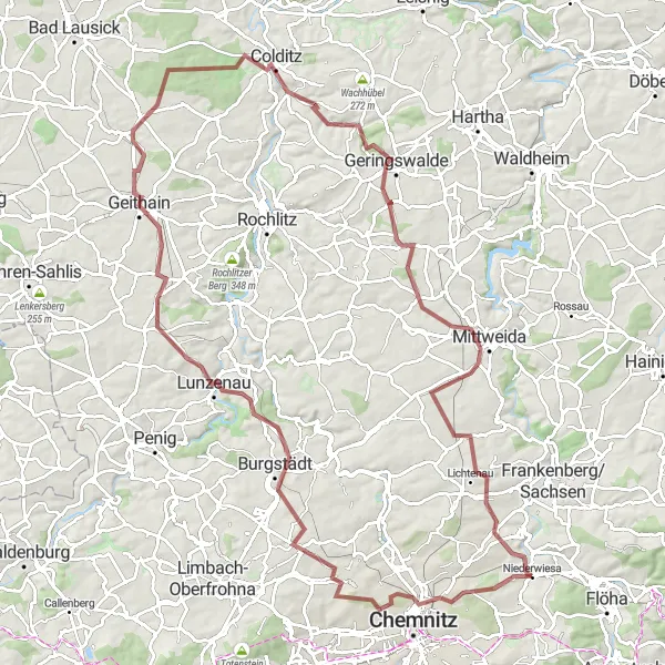 Map miniature of "Castle Explorer" cycling inspiration in Chemnitz, Germany. Generated by Tarmacs.app cycling route planner