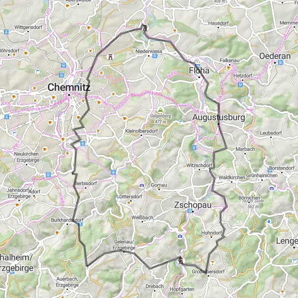 Karten-Miniaturansicht der Radinspiration "Radtour entlang der Straßen in der Nähe von Chemnitz" in Chemnitz, Germany. Erstellt vom Tarmacs.app-Routenplaner für Radtouren