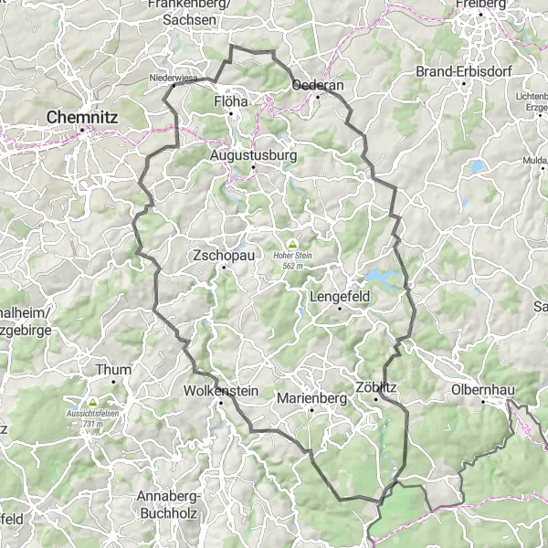 Karten-Miniaturansicht der Radinspiration "Herausfordernde Tour durch das Erzgebirge" in Chemnitz, Germany. Erstellt vom Tarmacs.app-Routenplaner für Radtouren