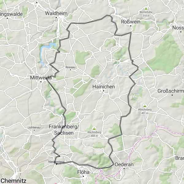 Map miniature of "Frankenberg/Sachsen - Karolinenhöhe - Niederwiesa" cycling inspiration in Chemnitz, Germany. Generated by Tarmacs.app cycling route planner