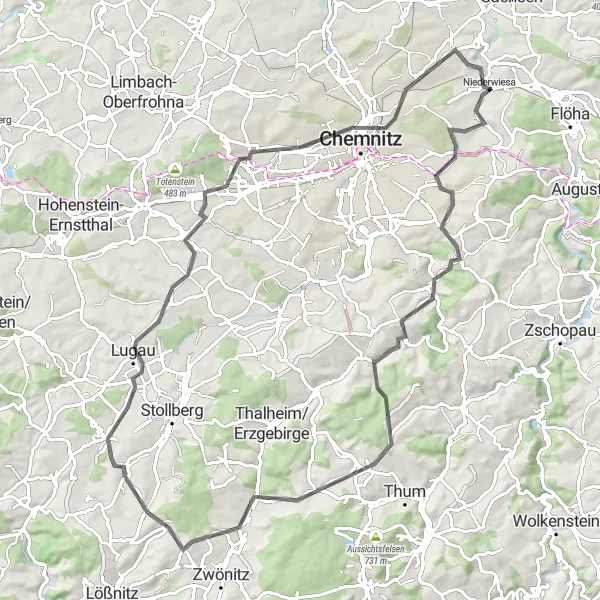 Map miniature of "Chemnitz Highlights" cycling inspiration in Chemnitz, Germany. Generated by Tarmacs.app cycling route planner