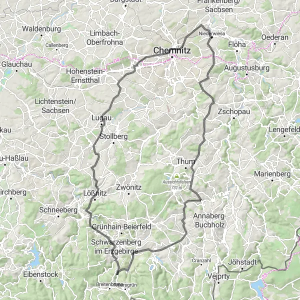 Karten-Miniaturansicht der Radinspiration "Auf den Spuren von Adelsberg nach Schwarzenberg" in Chemnitz, Germany. Erstellt vom Tarmacs.app-Routenplaner für Radtouren