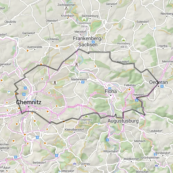 Karten-Miniaturansicht der Radinspiration "Entdeckungstour um Augustusburg und Chemnitz" in Chemnitz, Germany. Erstellt vom Tarmacs.app-Routenplaner für Radtouren