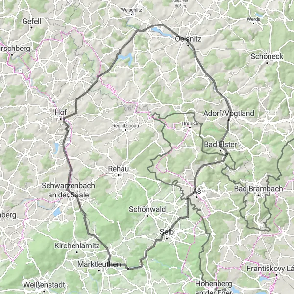 Karten-Miniaturansicht der Radinspiration "Rundtour von Oelsnitz nach Hof" in Chemnitz, Germany. Erstellt vom Tarmacs.app-Routenplaner für Radtouren