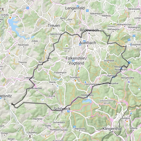 Karten-Miniaturansicht der Radinspiration "Hügelige Straßentour durch das Vogtland" in Chemnitz, Germany. Erstellt vom Tarmacs.app-Routenplaner für Radtouren