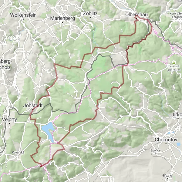 Map miniature of "Thrilling Gravel Adventure across Olbernhau and Beyond" cycling inspiration in Chemnitz, Germany. Generated by Tarmacs.app cycling route planner