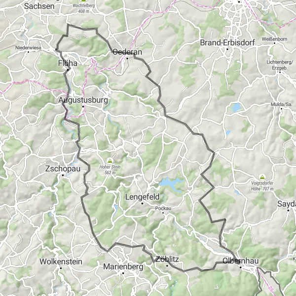 Map miniature of "Challenging Ride through the Hills of Chemnitz" cycling inspiration in Chemnitz, Germany. Generated by Tarmacs.app cycling route planner