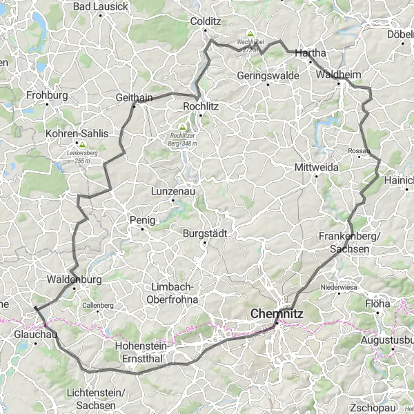 Karten-Miniaturansicht der Radinspiration "Chemnitz und Umgebung Entdeckungstour" in Chemnitz, Germany. Erstellt vom Tarmacs.app-Routenplaner für Radtouren