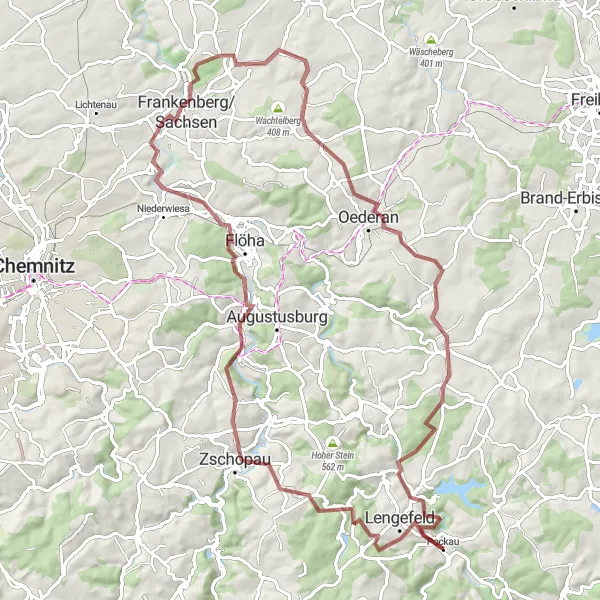 Karten-Miniaturansicht der Radinspiration "Rund um Pockau: Erlebnisreiche Gravel-Tour durch das Erzgebirge" in Chemnitz, Germany. Erstellt vom Tarmacs.app-Routenplaner für Radtouren