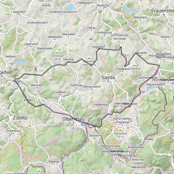 Map miniature of "Road Cycling Route from Pockau to Dorfchemnitz" cycling inspiration in Chemnitz, Germany. Generated by Tarmacs.app cycling route planner