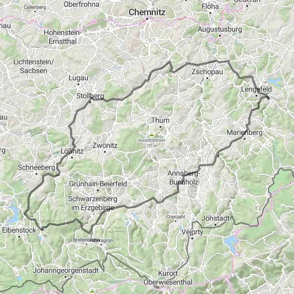 Map miniature of "Road Cycling Route from Pockau to Thalheim/Erzgebirge" cycling inspiration in Chemnitz, Germany. Generated by Tarmacs.app cycling route planner