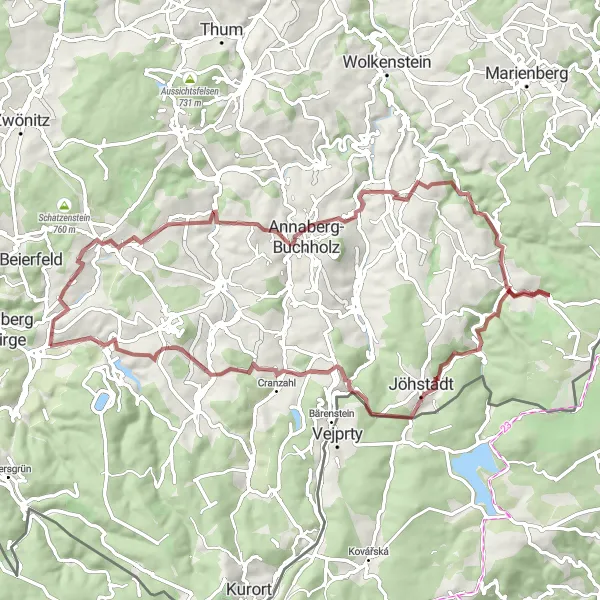 Map miniature of "Challenging Gravel Adventure through Raschau" cycling inspiration in Chemnitz, Germany. Generated by Tarmacs.app cycling route planner