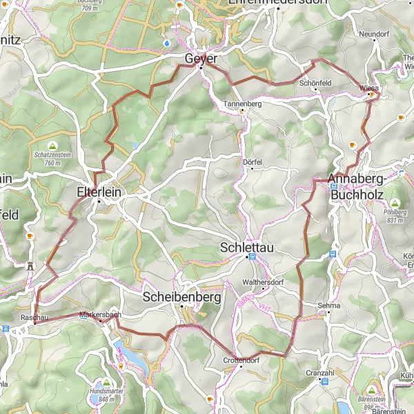 Map miniature of "Raschau Gravel Loop" cycling inspiration in Chemnitz, Germany. Generated by Tarmacs.app cycling route planner