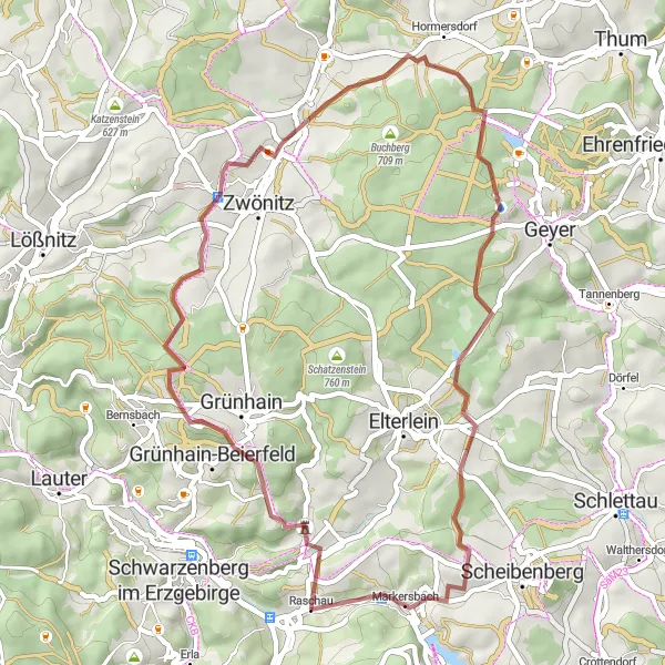 Map miniature of "Scenic Gravel Pathways near Raschau" cycling inspiration in Chemnitz, Germany. Generated by Tarmacs.app cycling route planner