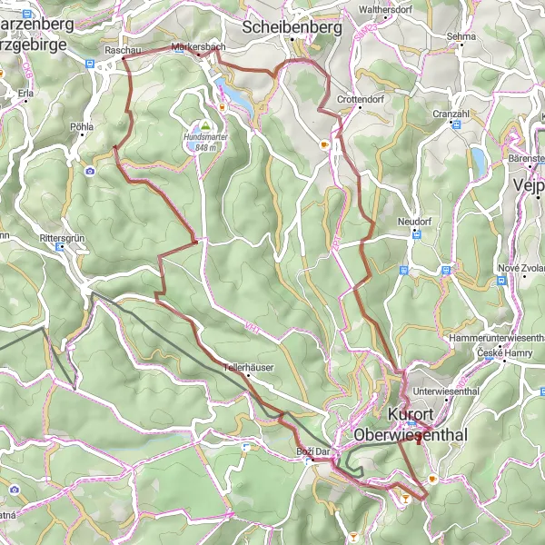 Map miniature of "Raschau to Markersbach Gravel Ride" cycling inspiration in Chemnitz, Germany. Generated by Tarmacs.app cycling route planner