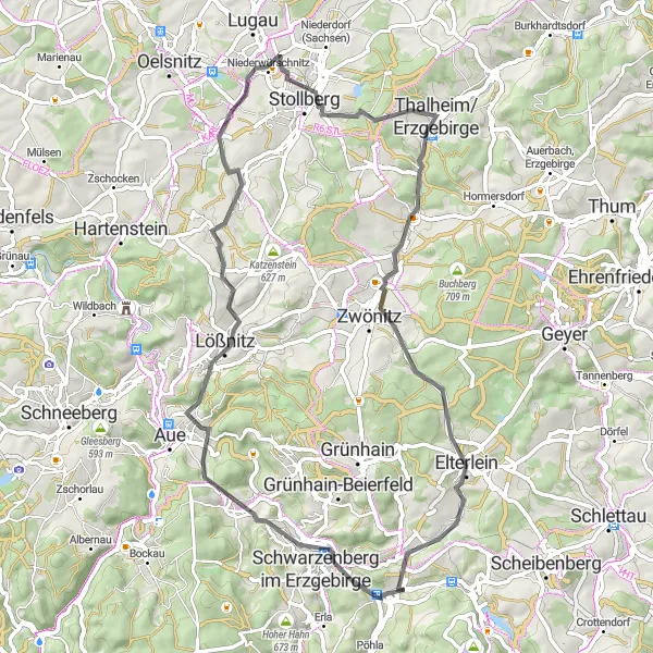 Map miniature of "Road Cycling Exploration near Raschau" cycling inspiration in Chemnitz, Germany. Generated by Tarmacs.app cycling route planner