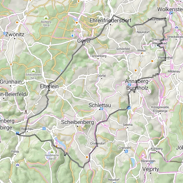 Karten-Miniaturansicht der Radinspiration "Geschichtsträchtige Straßen im Erzgebirge" in Chemnitz, Germany. Erstellt vom Tarmacs.app-Routenplaner für Radtouren