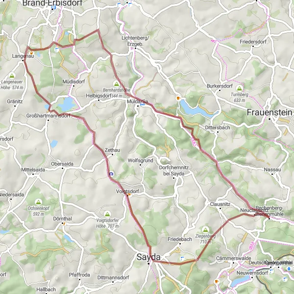 Map miniature of "Rechenberg-Bienenmühle to Sauerberg Loop" cycling inspiration in Chemnitz, Germany. Generated by Tarmacs.app cycling route planner
