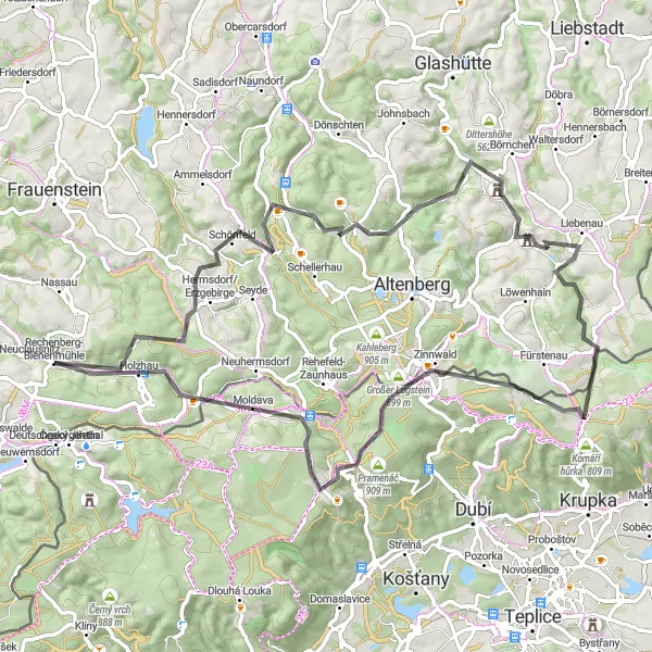 Map miniature of "Exploring the Ore Mountains" cycling inspiration in Chemnitz, Germany. Generated by Tarmacs.app cycling route planner