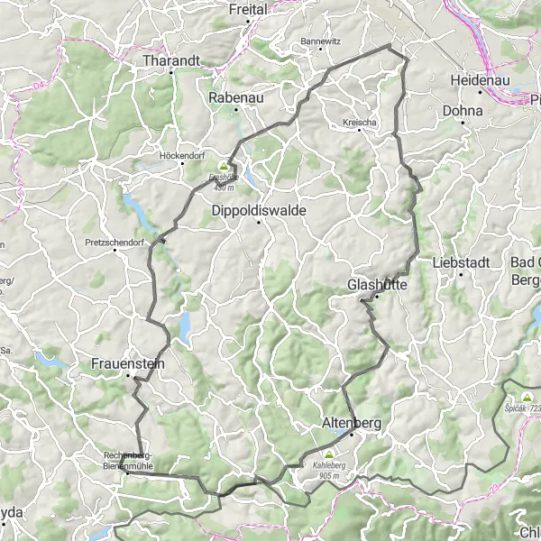 Map miniature of "Adventures in the Ore Mountains" cycling inspiration in Chemnitz, Germany. Generated by Tarmacs.app cycling route planner
